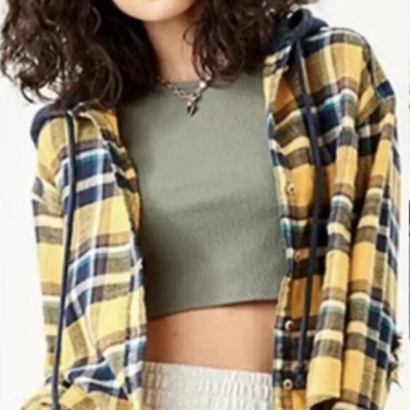 American Eagle AE Cropped Flannel Hooded Shirt Top XS Mustard Yellow Blue Brown - Picture 10 of 11